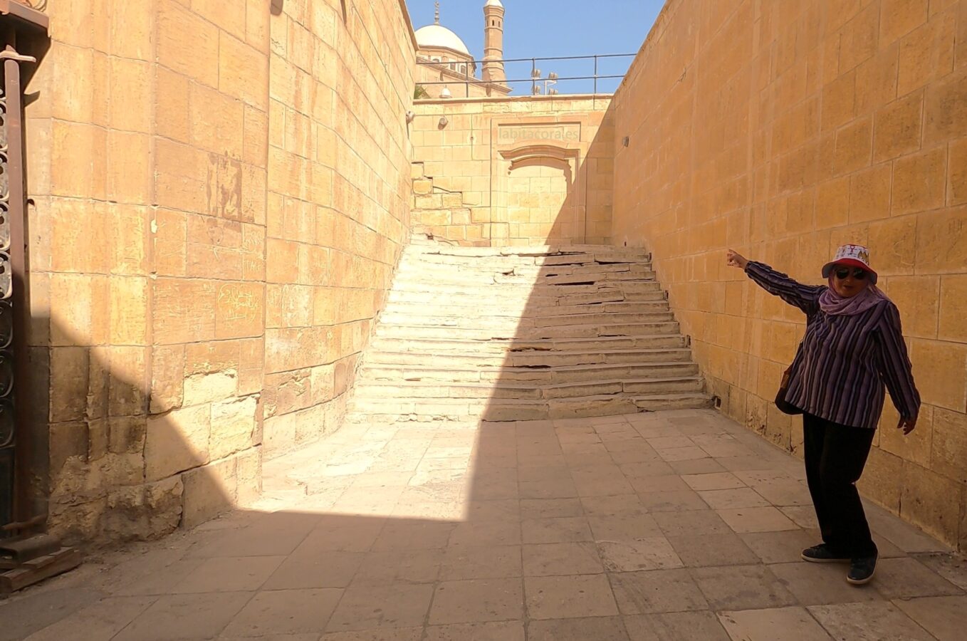 La guía en La Ciudadela del Cairo, y al fondo la Mezquita de Alabastro o de Mohamed Ali en El Cairo.