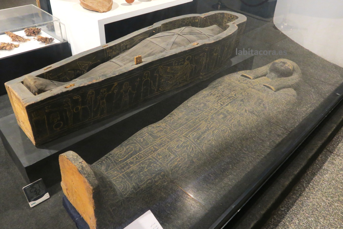 Vitrina con una momia dentro del sarcófago, y arriba a la izquierda están las ofrendas florales en el museo de Arte Antiguo de Luxor. Egipto.