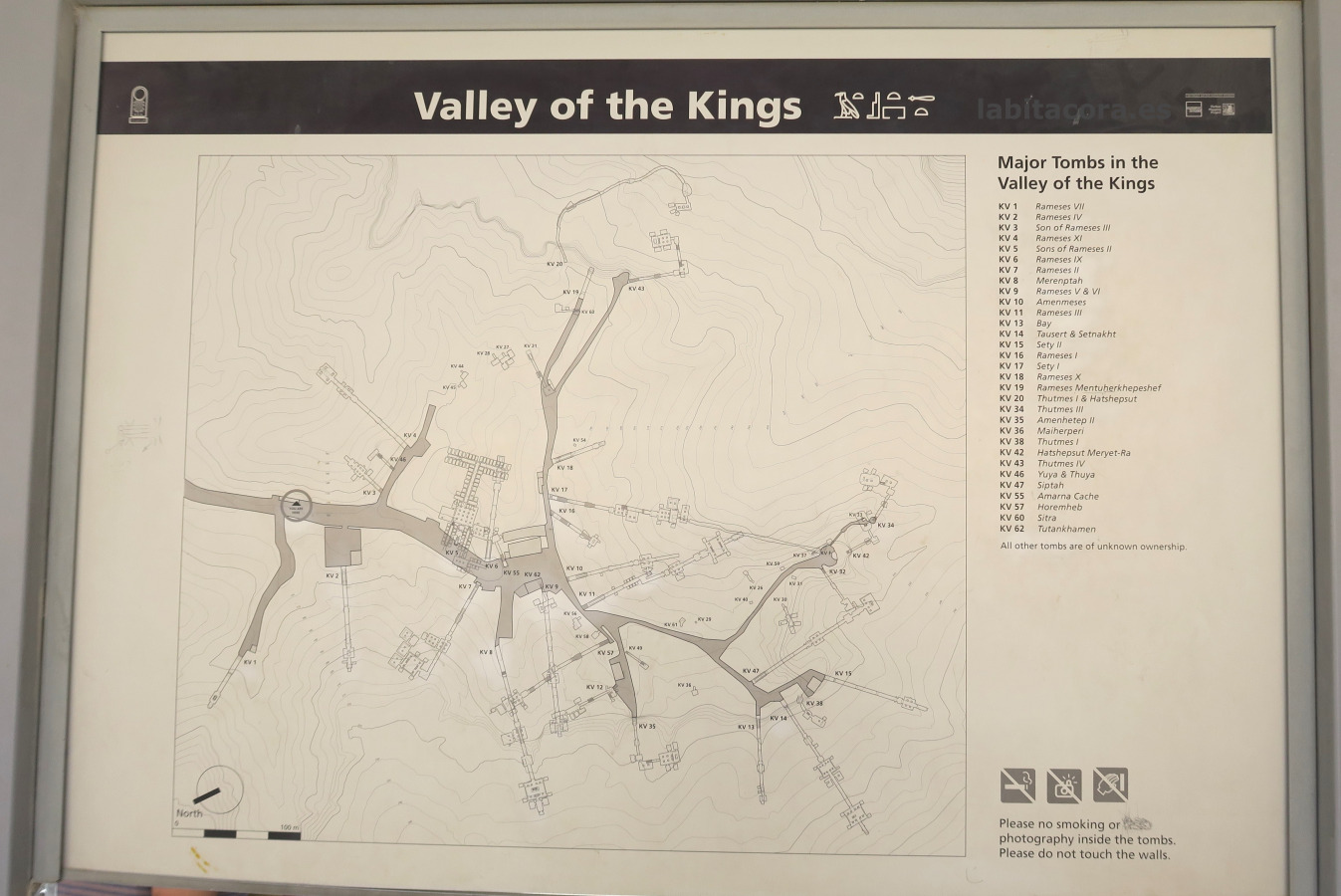 El mapa del las tumbas en el Valle de los Reyes, Lúxor.