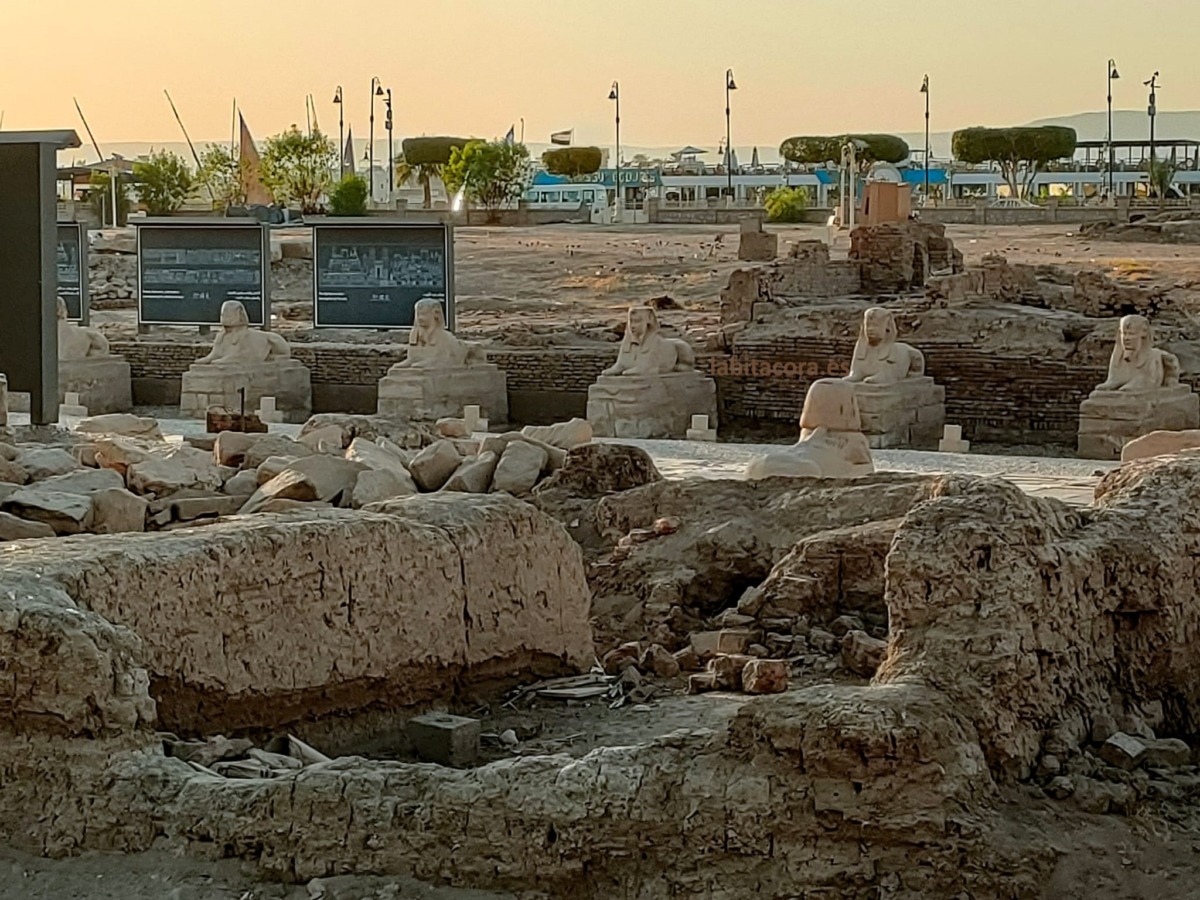 Las esfinges de la avenida procesional, con el Nilo detrás. Lúxor. Egipto