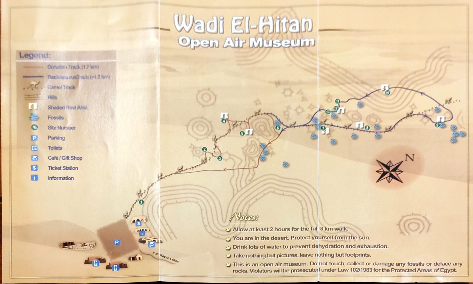 Folleto con el mapa para visitar el Valle de las Ballenas (Wadi El Hitan) en El Fayum. Egipto